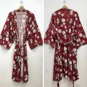 NWT Garnet Hill Wrap Kimono Robe Organic Cotton Soft Floral Print Belted - Large